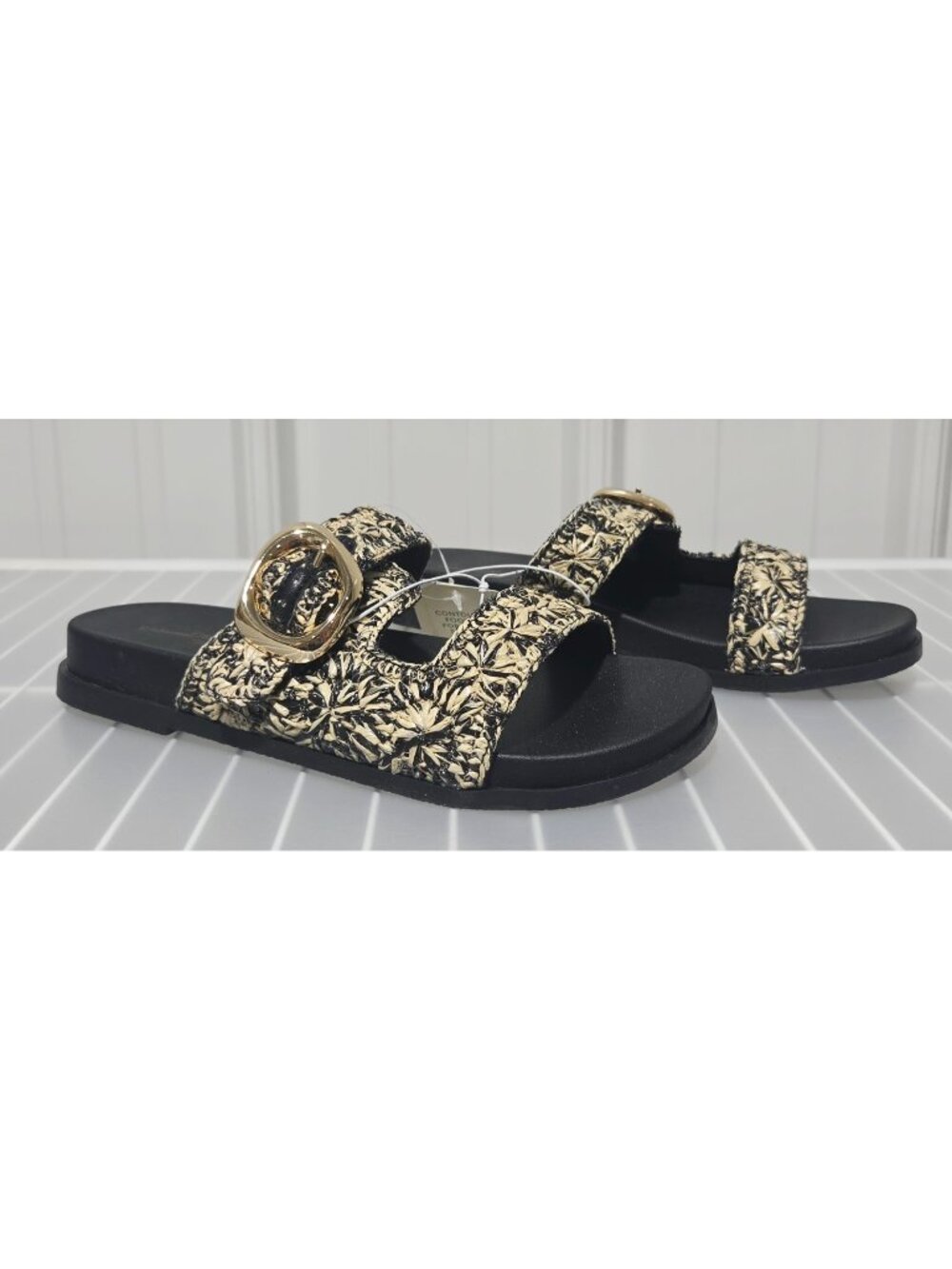 Universal Thread Stasie Black & Natural Raffia Slide Sandals -- Women's Size 6.5